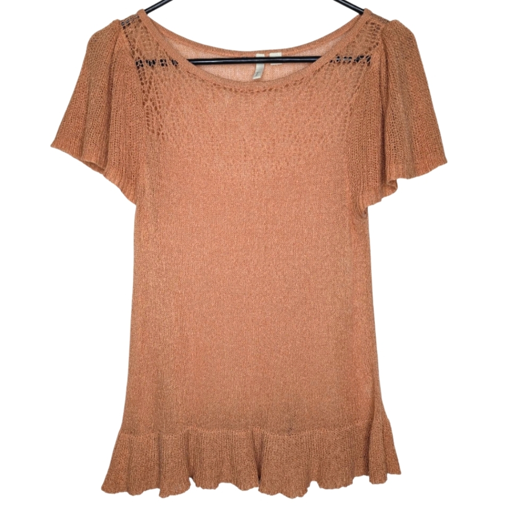 Frenchi Mesh Scoop Neck Ruffled Peach Orange Short Sleeve Blouse Size Medium